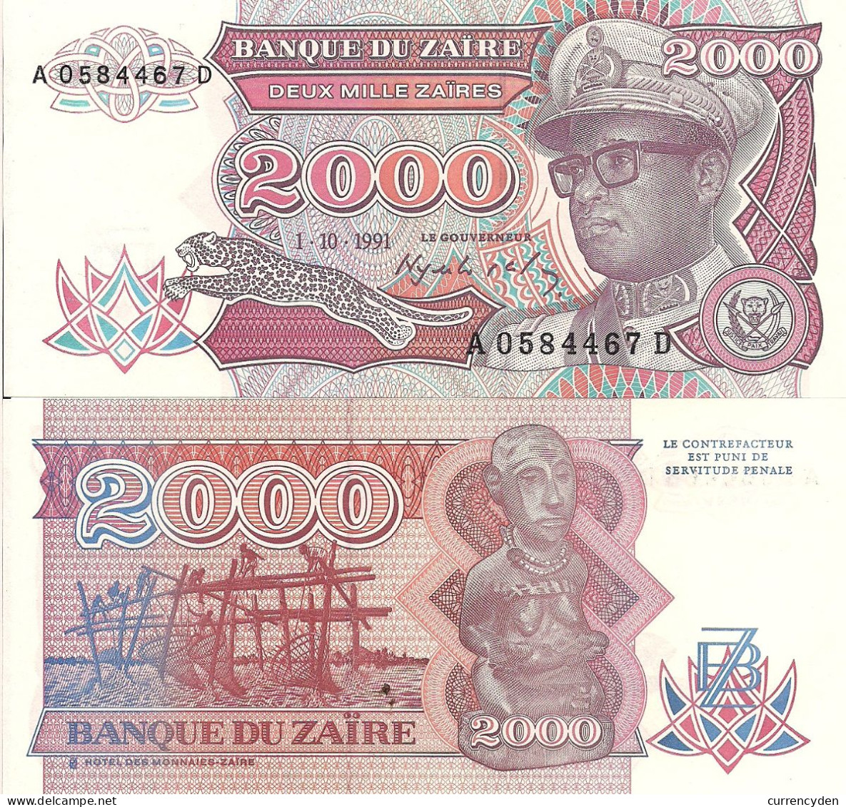 Zaire P36, 2,000 Zaires, Mobutu / Platform Fishing With Net, Caring Of Woman UNC - Zaïre