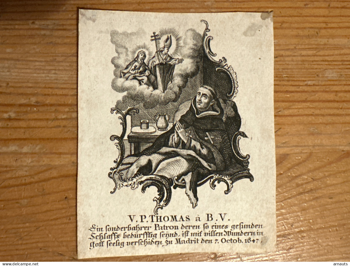 Heiligenprent Kopergravure V.P. Thomas A B.V. Madrid 1647 8x10,5 Cm Holy Card Image Pieuse - Collections