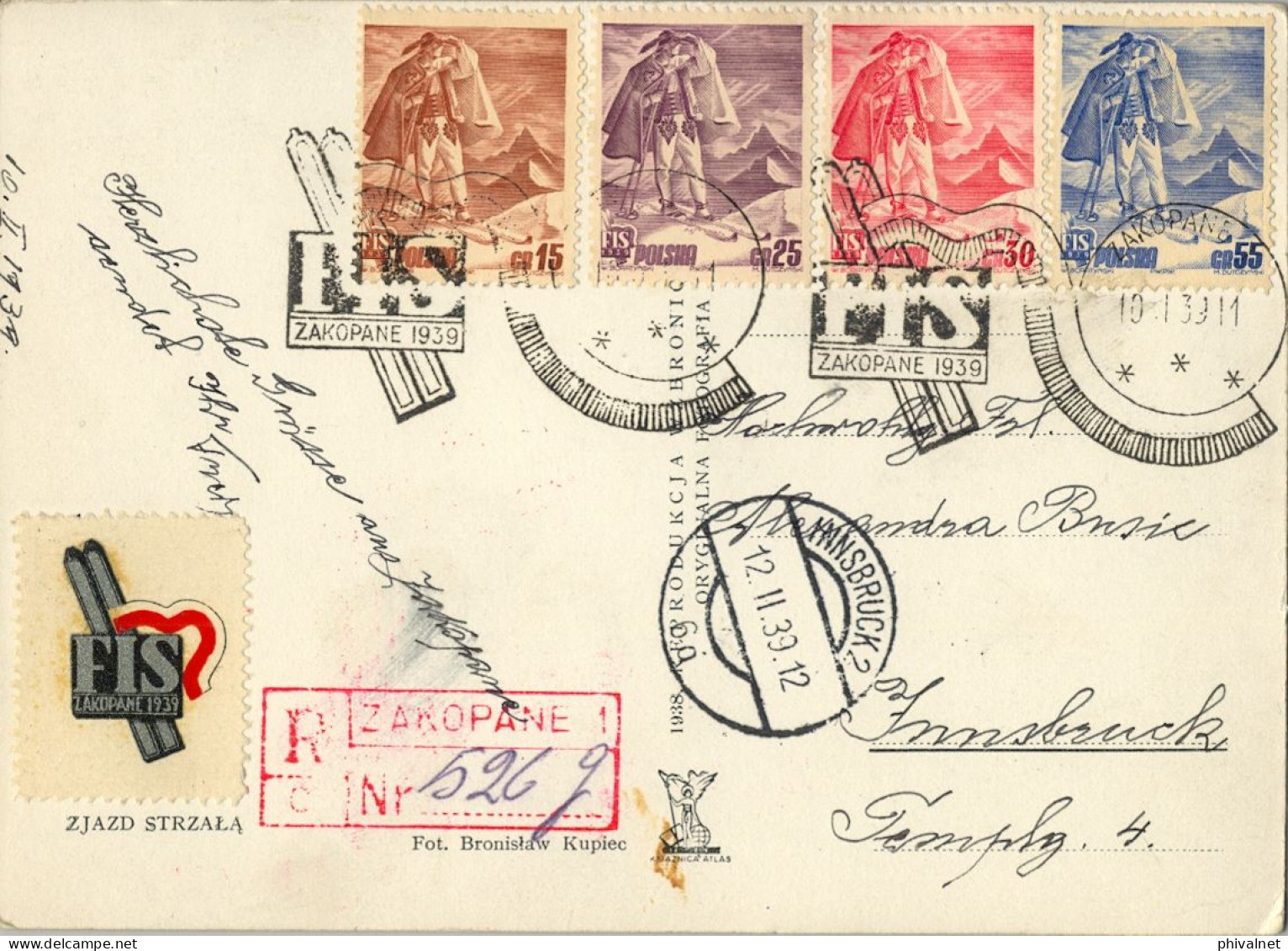 1939 ZAKOPANE / INNSBRUCK , YV. 422 / 425 - CAMPEONATOS DEL MUNDO DE SKI , TARJETA CONMEMORATIVA ESPECIAL , CIRCULADA - Covers & Documents