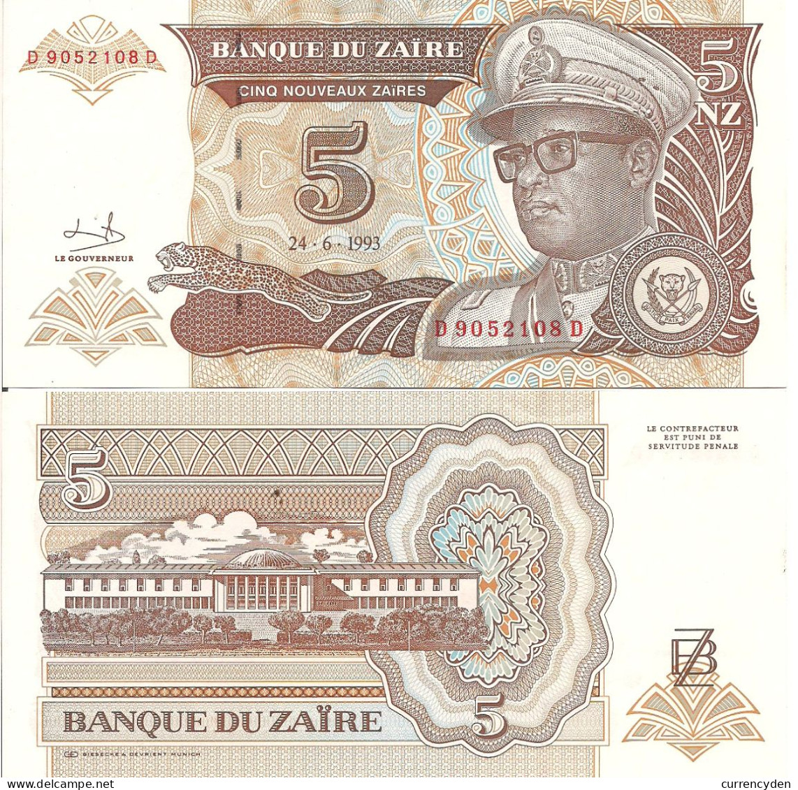 Zaire P53, 5 Nouveaux Zaires, Mobutu, Leopard, / Palace Of The Nation, UNC 1993 - Zaïre