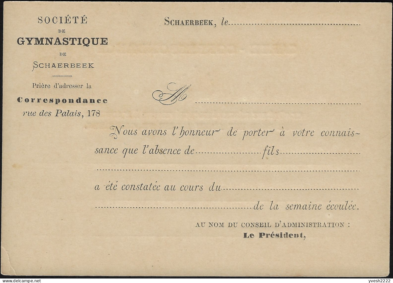 Belgique 1879. Entier Postal Repiqué. Société De Gymnastique De Schaerbeek - Gymnastik