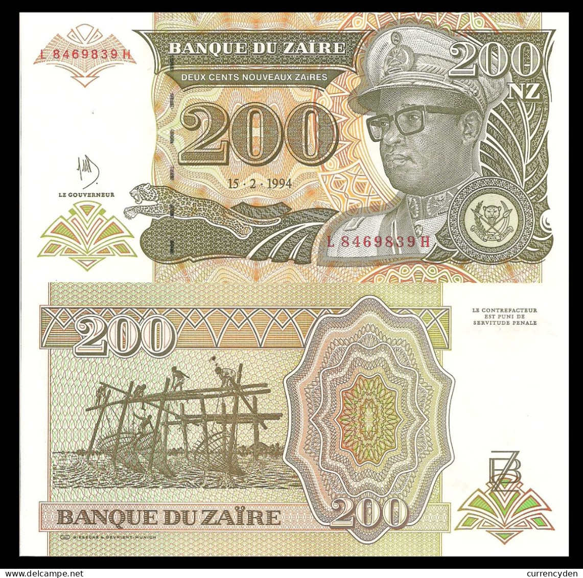 Zaire P62a, 200 Nouveaux Zaires, President Mobutu, Leopard / Stick Fishing UNC - Zaire