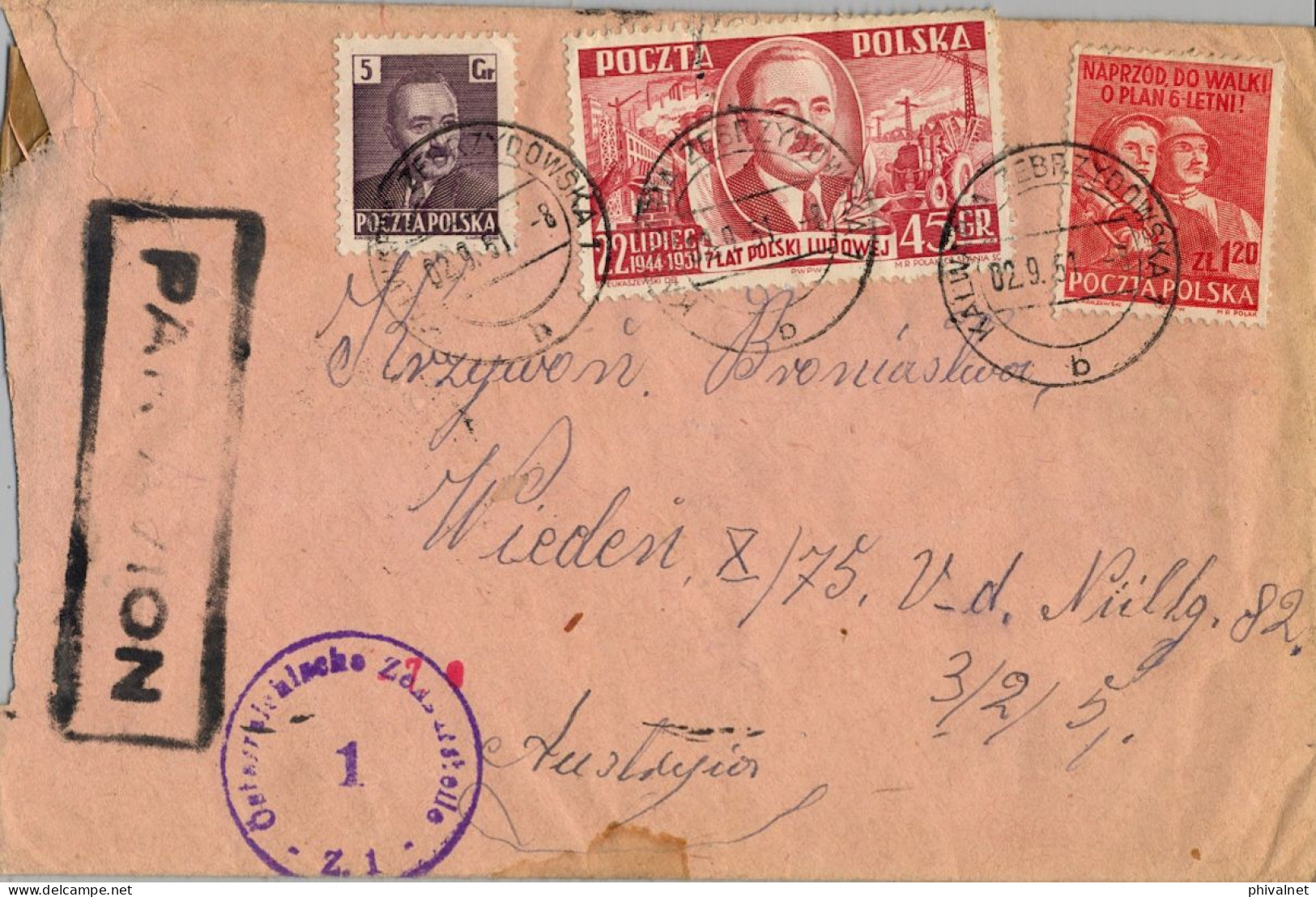 1951 KALWARIA ZEBRZYDOWSKA / WIEN , SOBRE CIRCULADO , MARCA DE CENSURA  ESTAMPADA EN AUSTRIA , LLEGADA , CORREO AÉREO - Briefe U. Dokumente