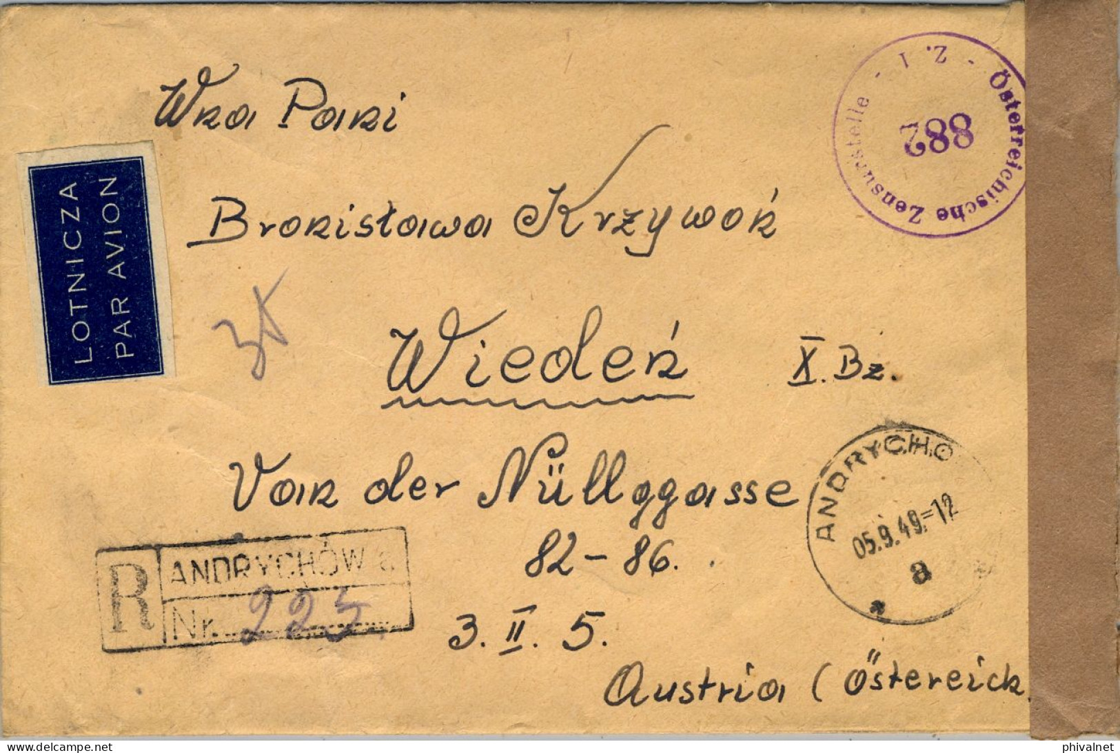 1949 ANDRYCHÓW / WIEN , SOBRE CERTIFICADO , MARCA DE CENSURA  ESTAMPADA EN AUSTRIA , CORREO AÉREO - Briefe U. Dokumente