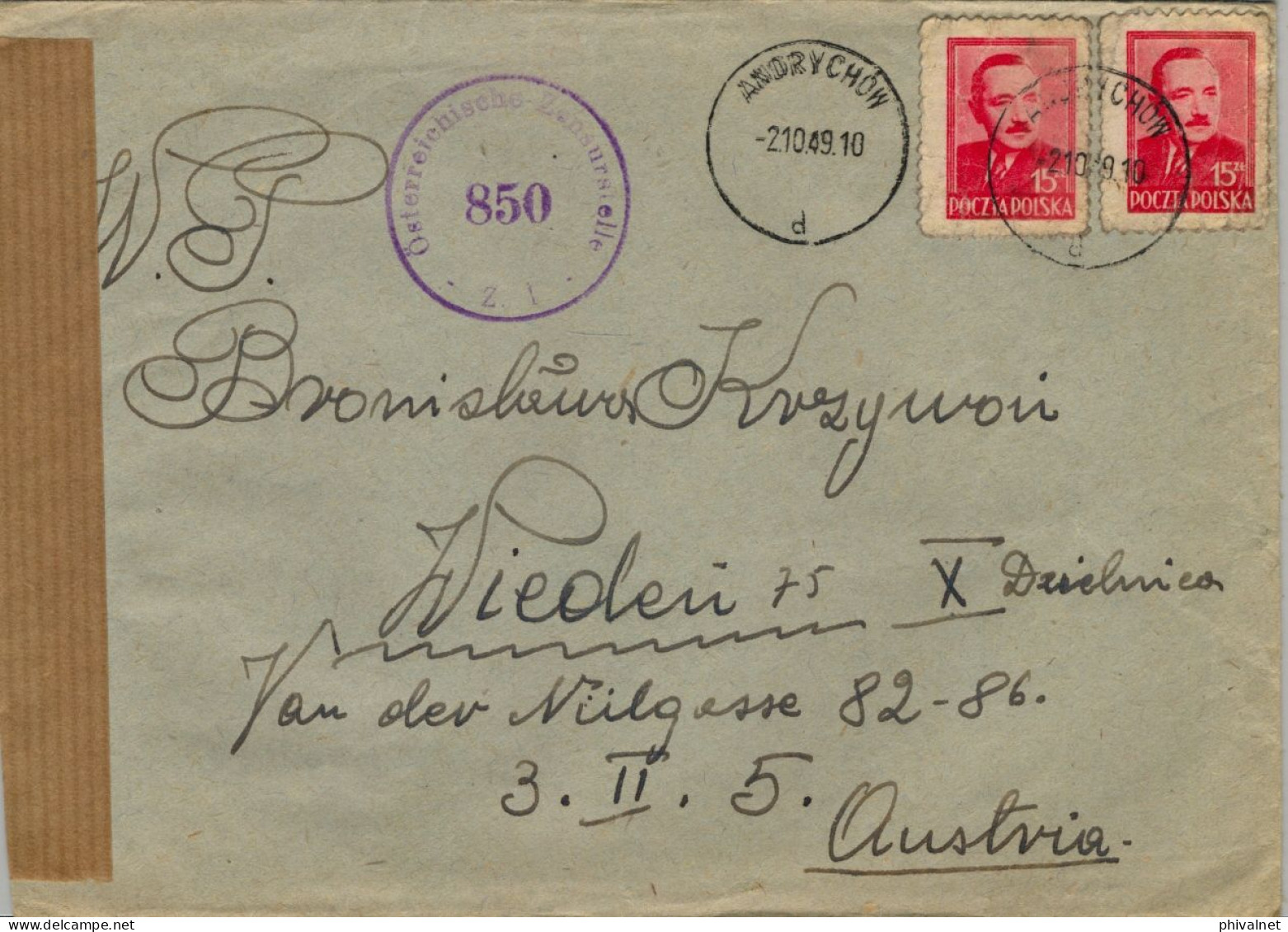 1949 ANDRYCHÓW / WIEN , SOBRE CIRCULADO , MARCA DE CENSURA  ESTAMPADA EN AUSTRIA - Cartas & Documentos