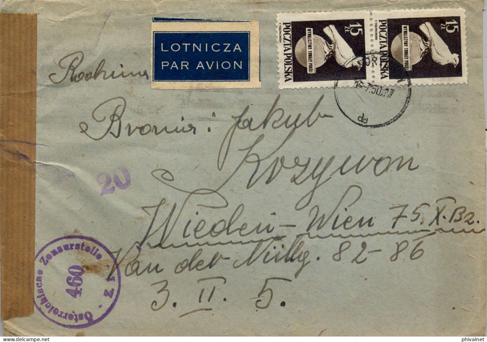 1950 ANDRYCHÓW / WIEN , SOBRE CIRCULADO , MARCA DE CENSURA  ESTAMPADA EN AUSTRIA , CORREO AÉREO - Briefe U. Dokumente