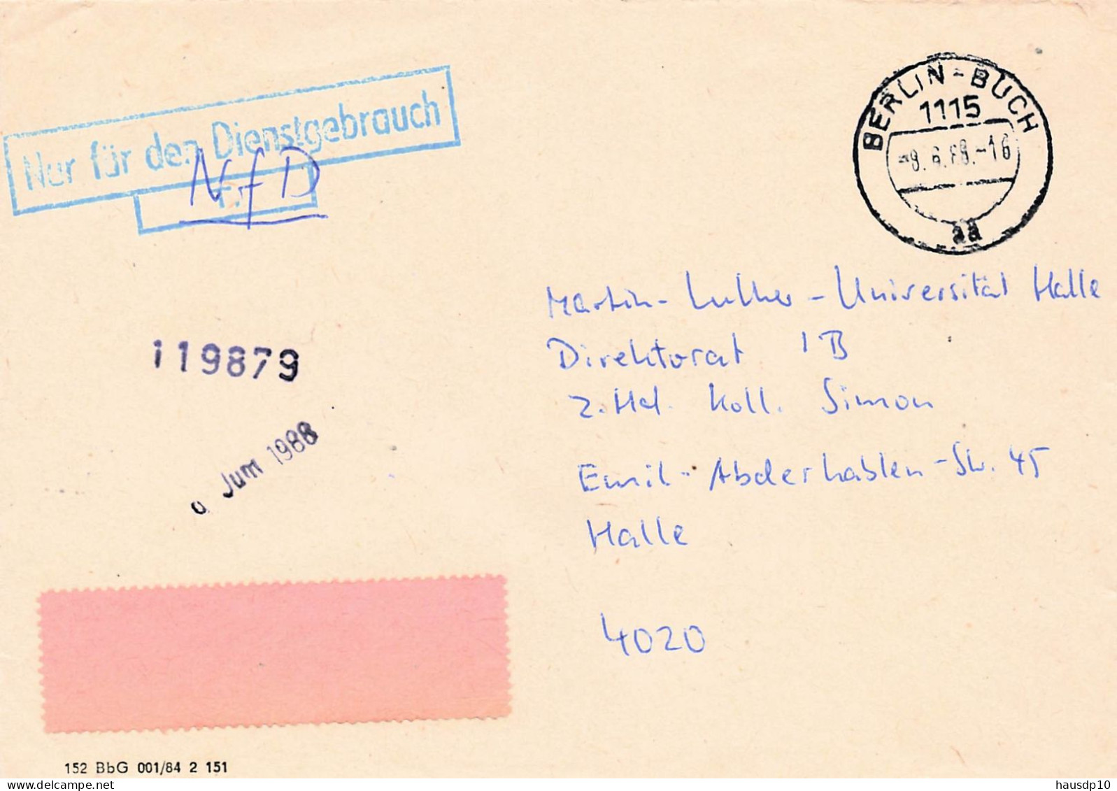 DDR Dienst Brief - Nur Für Den Dienstgebrauch - Berlin Buch 1988 - Central Mail Service