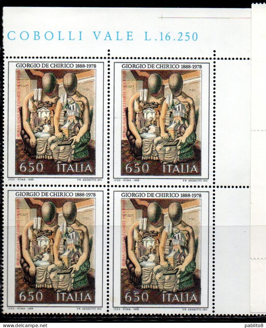 ITALIA REPUBBLICA ITALY REPUBLIC 1988 ARTE ITALIANA ITALIAN ART GIORGIO DE CHIRICO QUARTINA ANGOLO VALORE DEL FOGLIO MNH - 1981-90: Mint/hinged