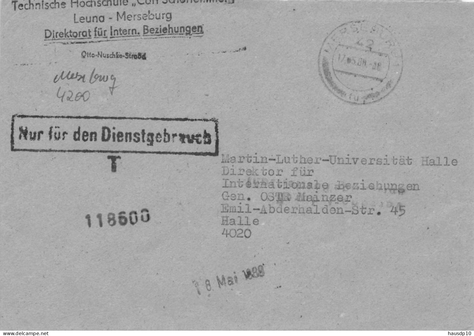 DDR Dienst Brief - Nur Für Den Dienstgebrauch - Technische Hochschule Carl Schorlemmer Leuna Merseburg 1988 - Service Central De Courrier