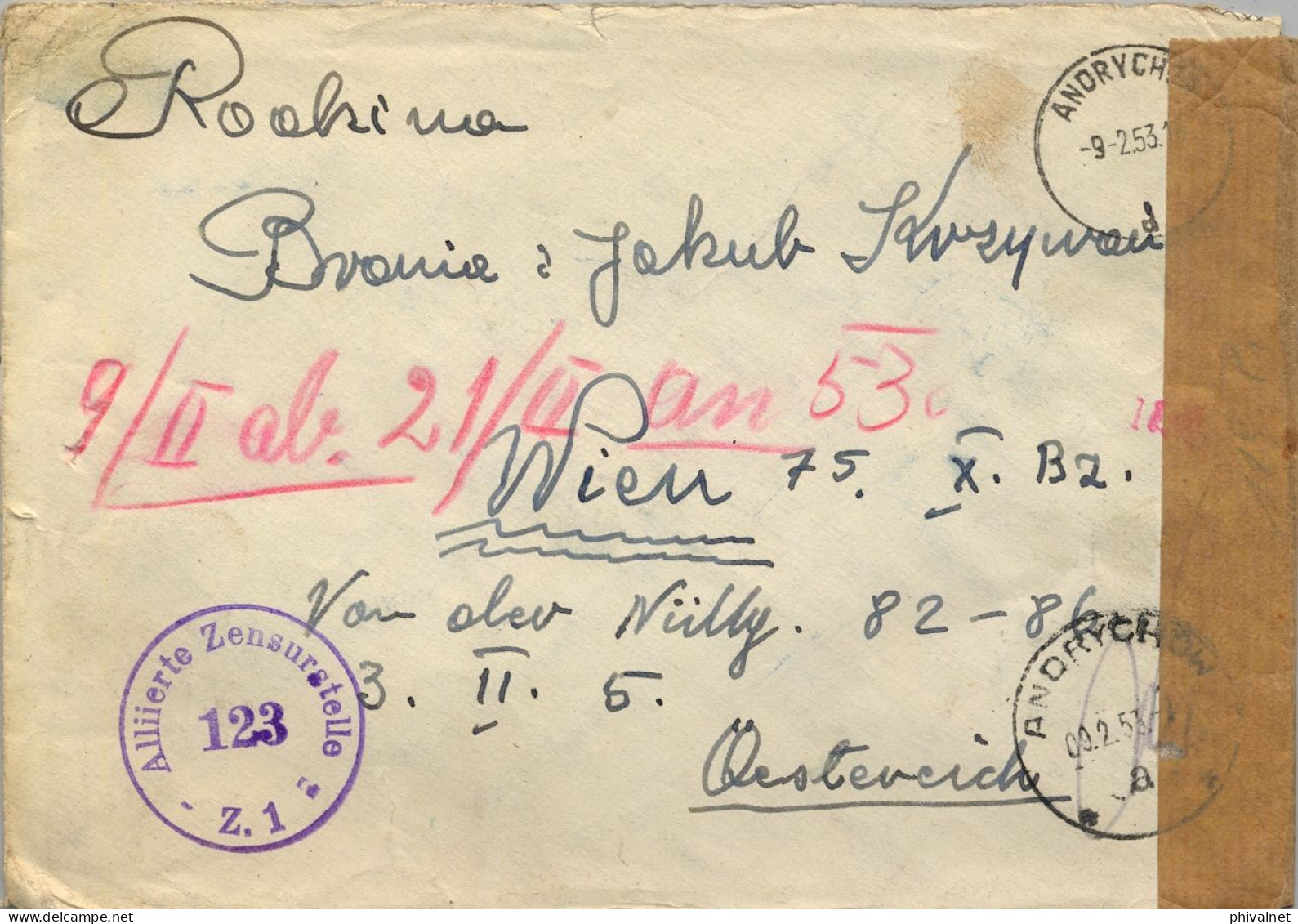 1953 ANDRYCHÓW / WIEN , SOBRE CIRCULADO , MARCA DE CENSURA  ESTAMPADA EN AUSTRIA - Lettres & Documents