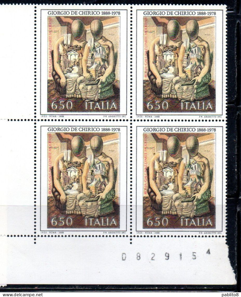 ITALIA REPUBBLICA ITALY REPUBLIC1988 ARTE ITALIANA ITALIAN ART GIORGIO DE CHIRICO QUARTINA ANGOLO DI FOGLIO NUMERATA MNH - 1981-90: Mint/hinged