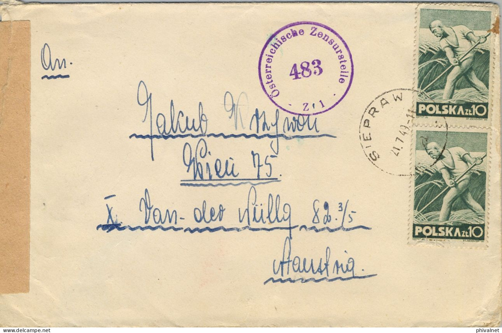 1949 SIEPRAW / WIEN , SOBRE CIRCULADO , MARCA DE CENSURA  ESTAMPADA EN AUSTRIA - Storia Postale