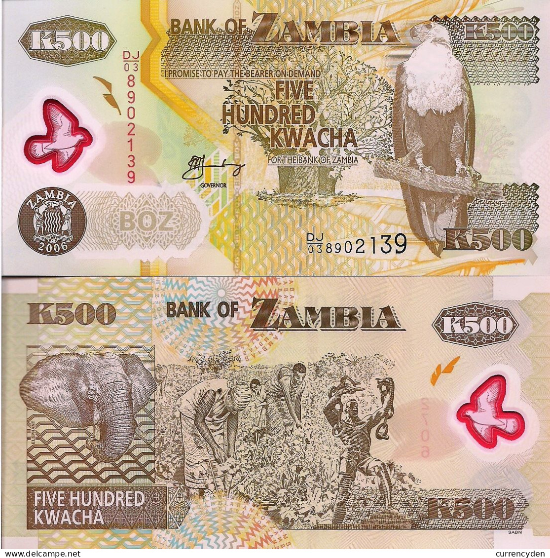 Zambia P43g, 500 Kwacha, Fish Eagle / Elephant, Cotton Harvest UNC 2009 POLYMER - Sambia