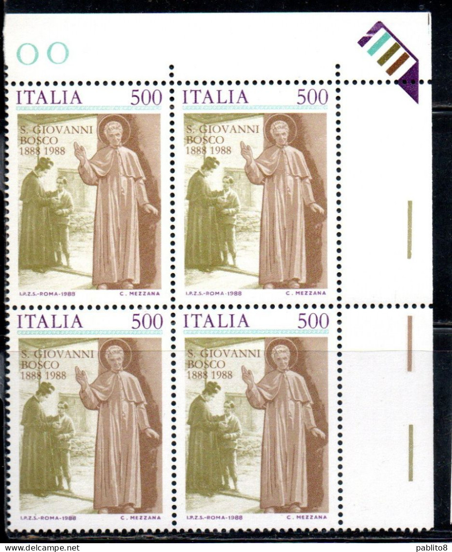 ITALIA REPUBBLICA ITALY REPUBLIC 1988 S. ST. SAN GIOVANNI BOSCO CENTENARIO CENTENARY QUARTINA ANGOLO DI FOGLIO BLOCK MNH - 1981-90: Mint/hinged