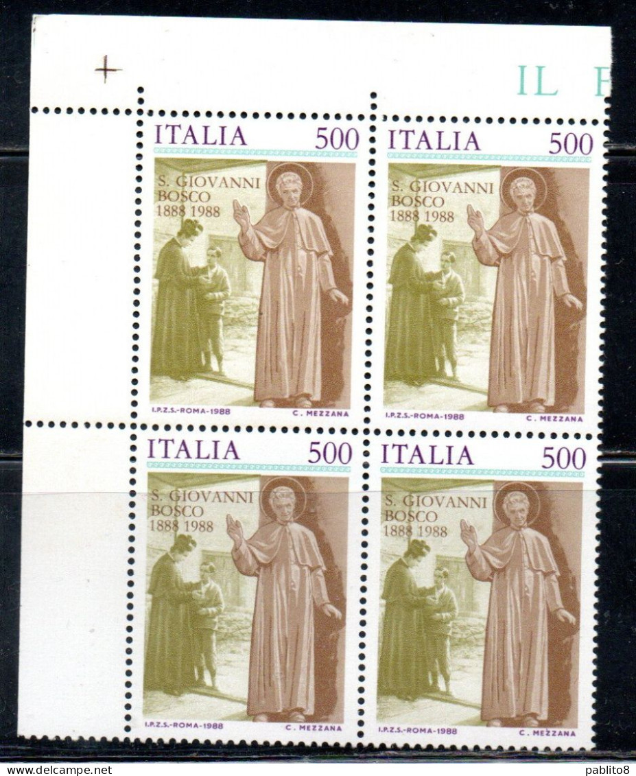 ITALIA REPUBBLICA ITALY REPUBLIC 1988 S. ST. SAN GIOVANNI BOSCO CENTENARIO CENTENARY QUARTINA ANGOLO DI FOGLIO BLOCK MNH - 1981-90: Mint/hinged