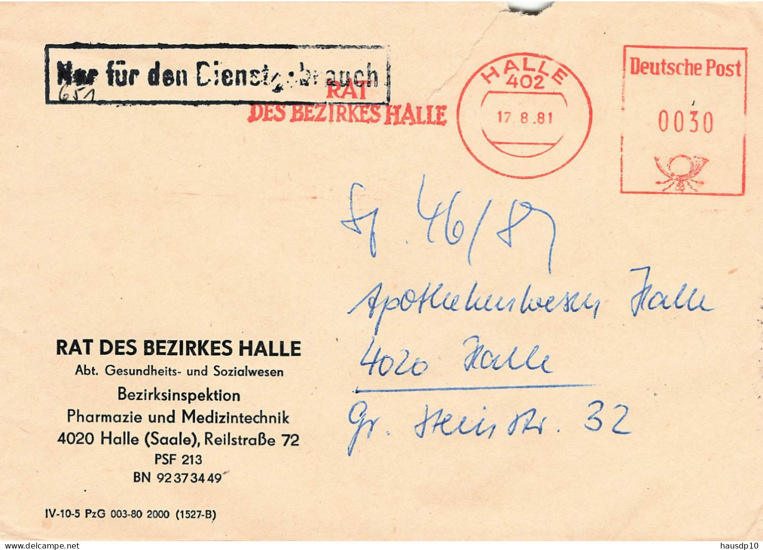 DDR Dienst Brief - Nur Für Den Dienstgebrauch - Afs Rat Des Bezirkes Halle Pharmazie 1981 - Central Mail Service