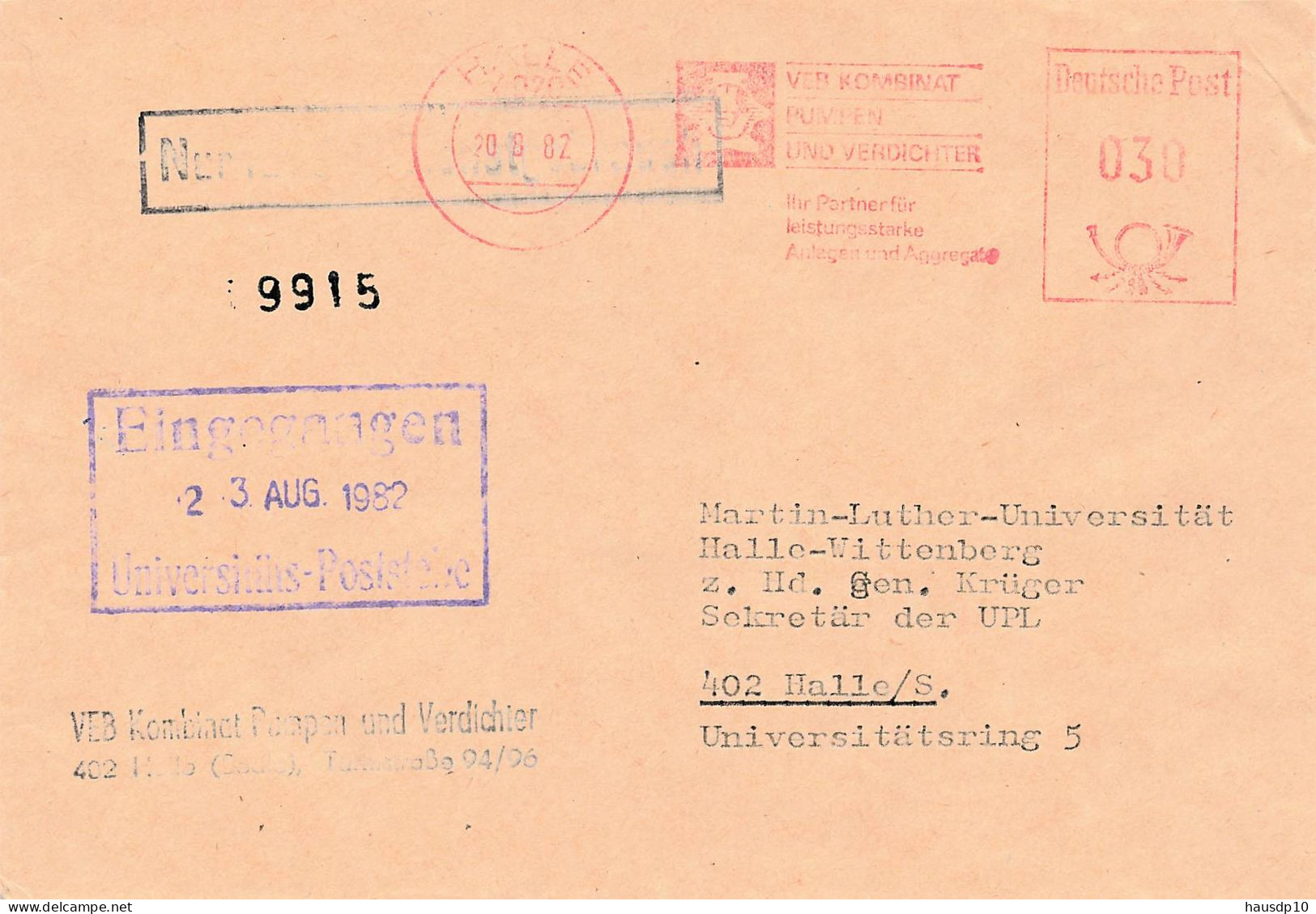 DDR Dienst Brief - Nur Für Den Dienstgebrauch - Afs VEB Kombinat Pumpen Und Verdichter Halle 1982 - Service Central De Courrier