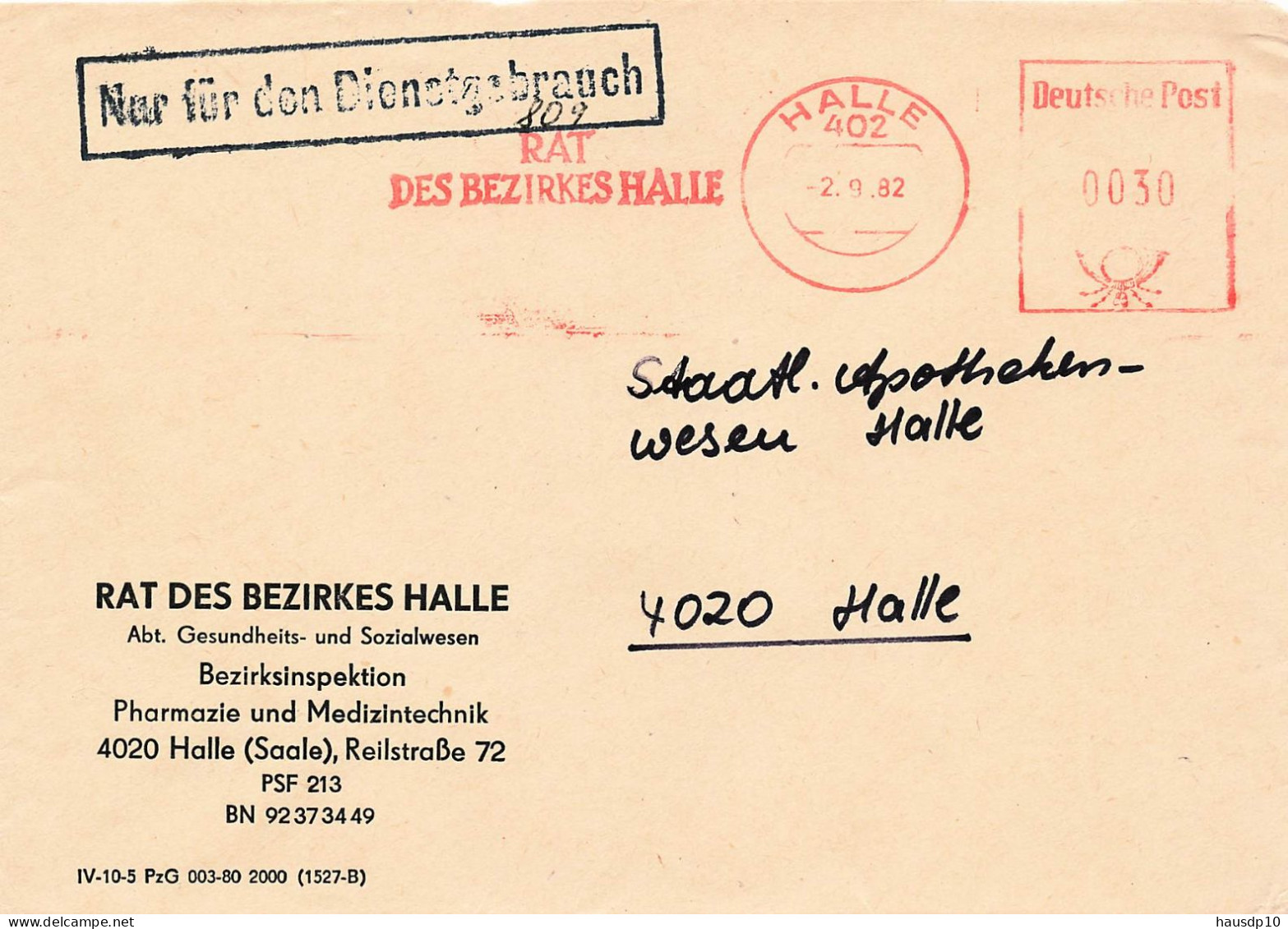 DDR Dienst Brief - Nur Für Den Dienstgebrauch - Afs Rat Des Bezirkes Halle 1982 Medizintechnik - Central Mail Service