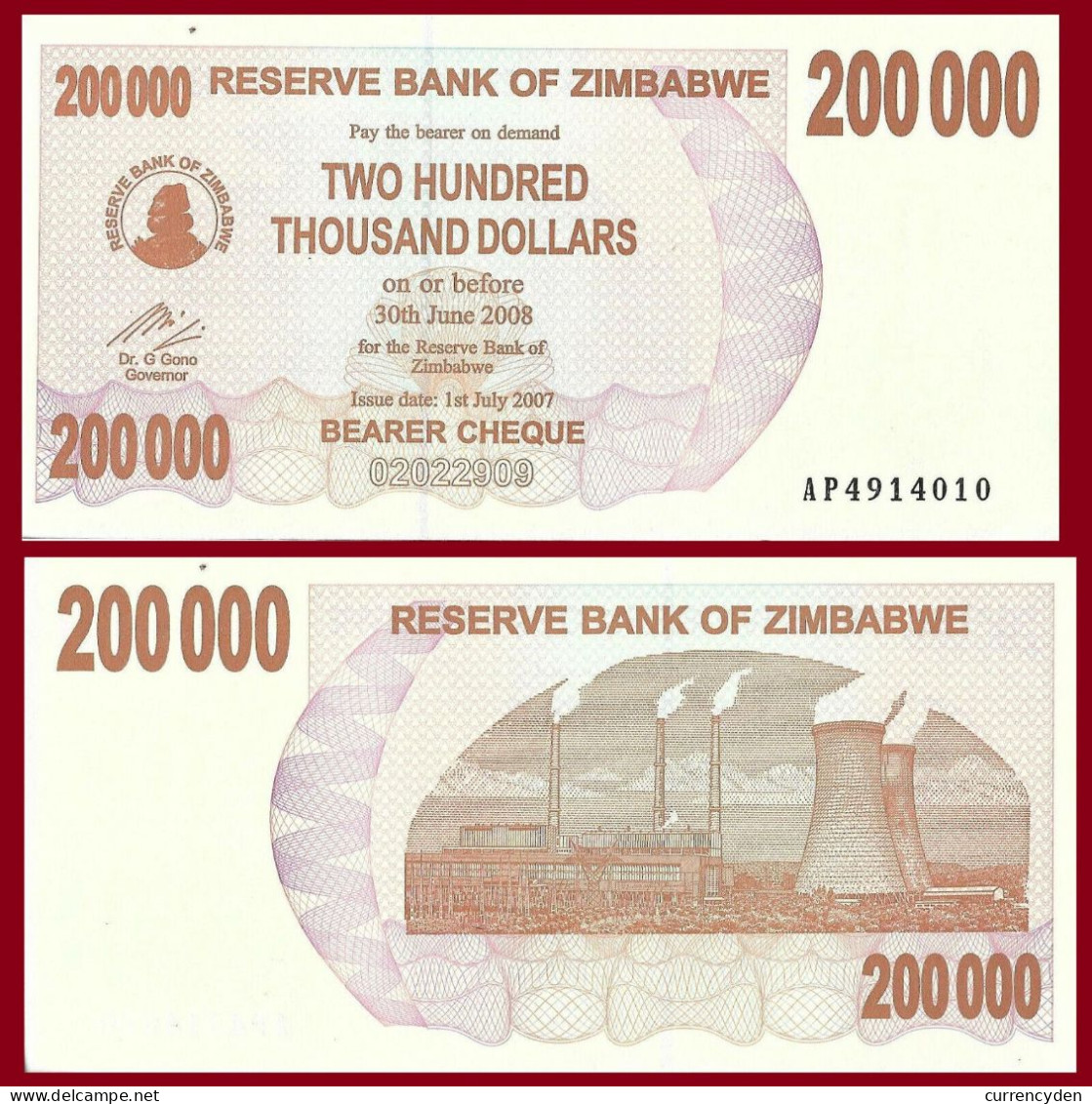 Zimbabwe P49, $200,000 Bearer Cheque, Hwange Coal Fired Power Station UNC 2007 - Simbabwe