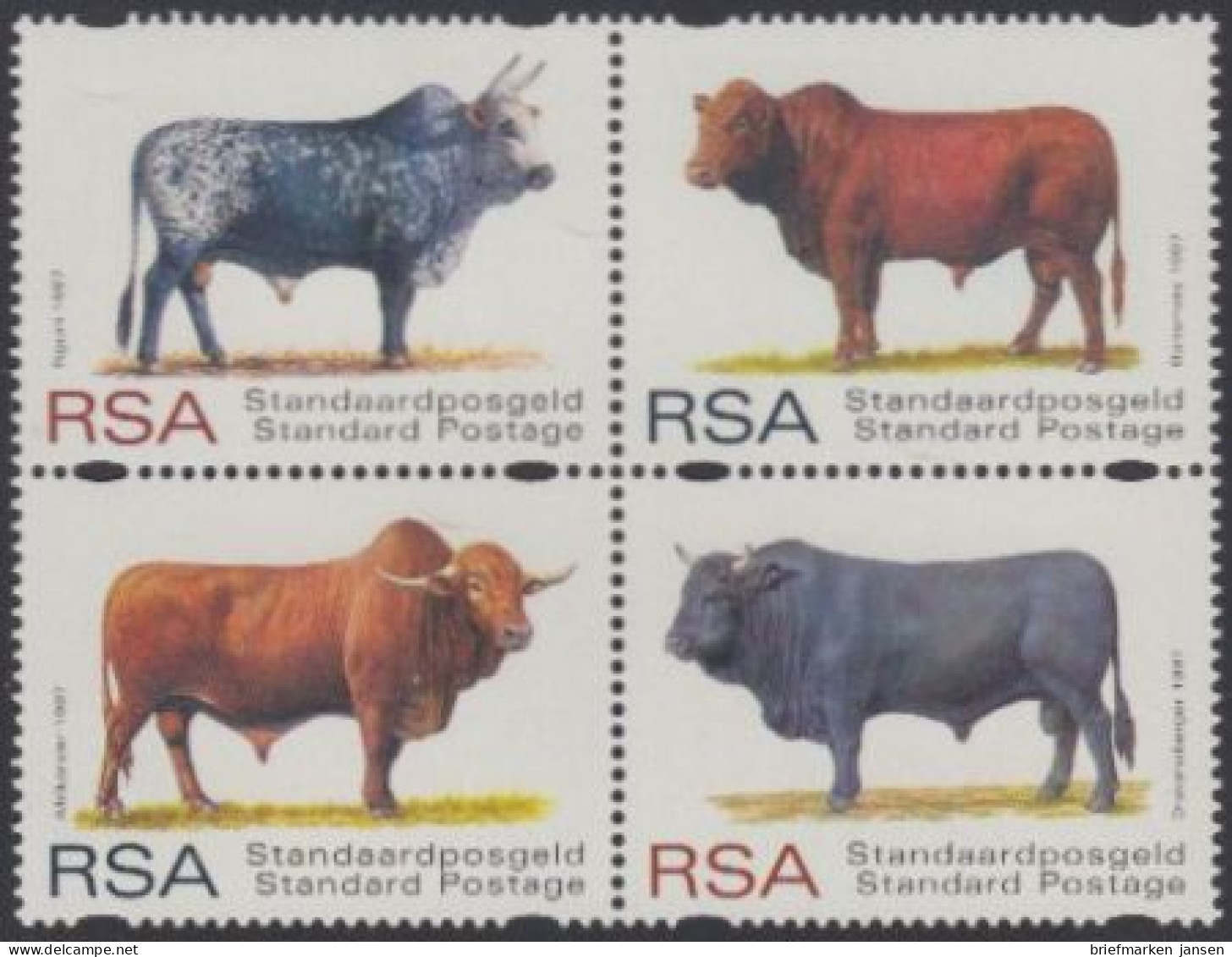 Südafrika Mi.Nr. Zdr.1079-82 Afrikanische Rinderrassen (Viererblock) - Other & Unclassified