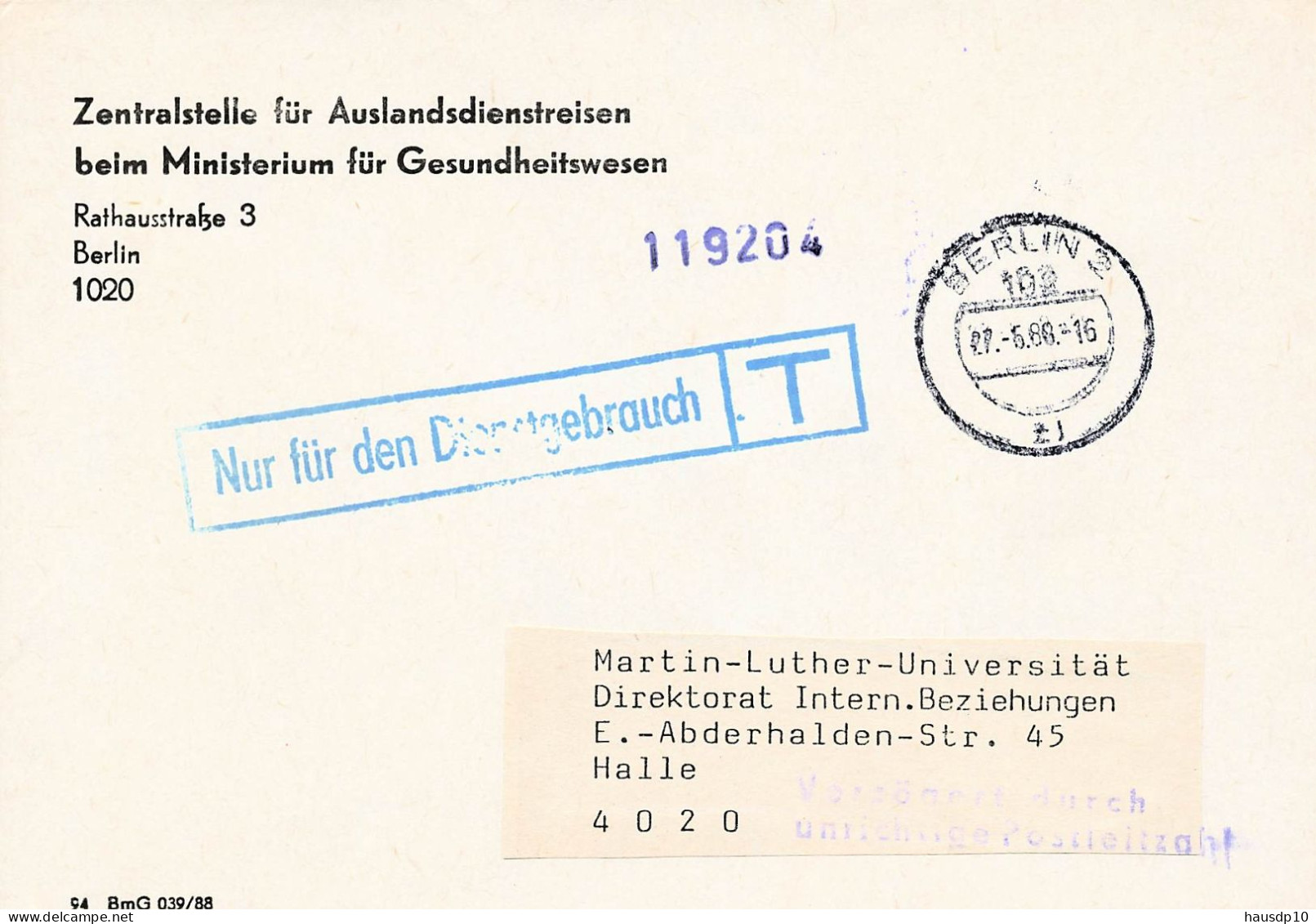 DDR Dienst Brief - Nur Für Den Dienstgebrauch - Zentralstelle Für Auslandsdienstreisen Ministerium Gesundheitswesen 1988 - Central Mail Service