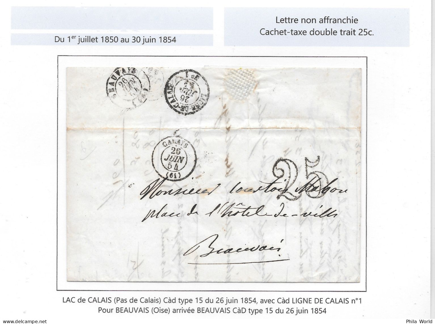 Lettre LSC 1854 CALAIS Tàd Type 15 Cachet Taxe Double Trait 25c Du 26 Juin LIGNE De CALAIS N°1 Pour BEAUVAIS Oise - Autres & Non Classés