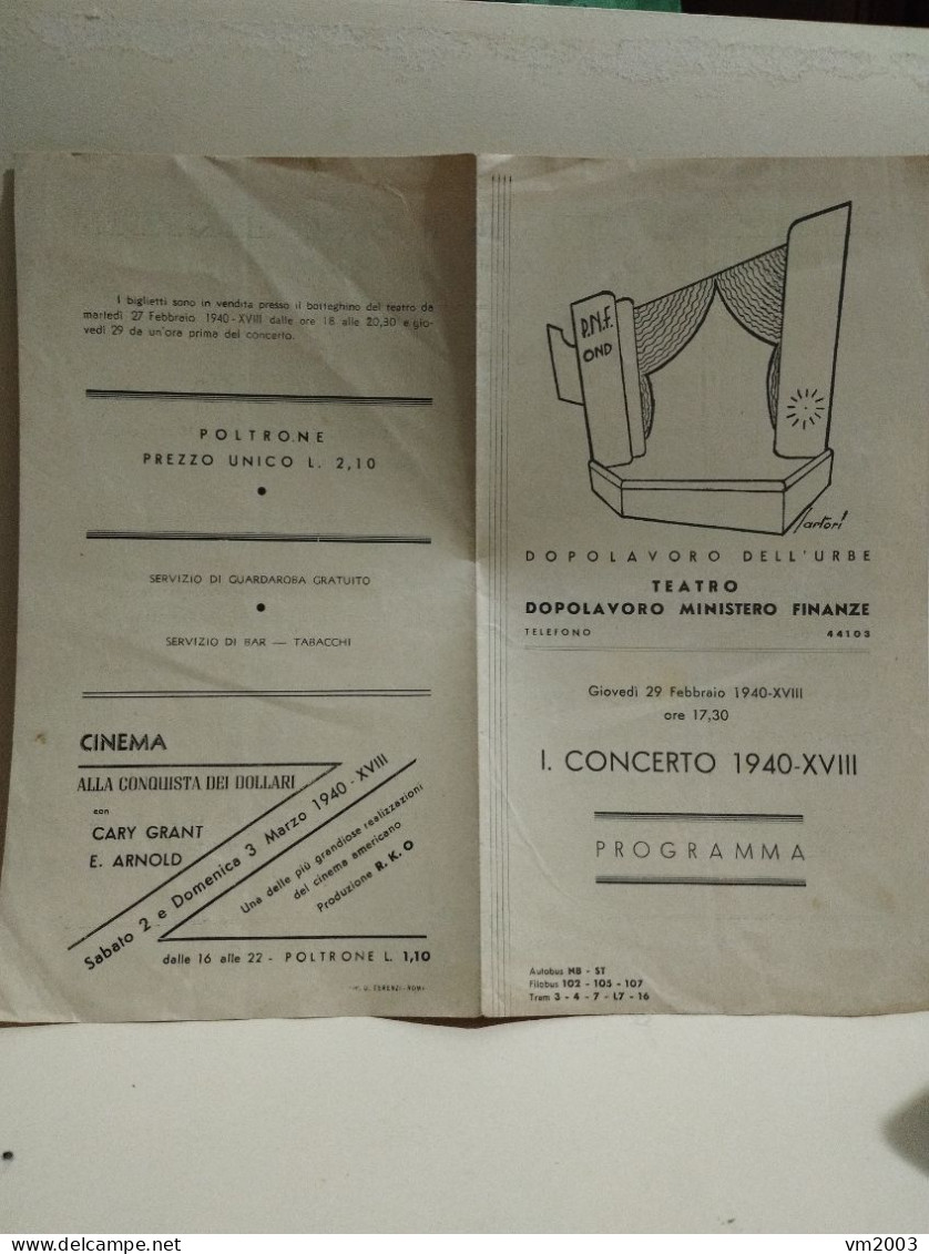 Roma PNF OND Teatro Dopolavoro Ministero Finanze PROGRAMMA 1940 Concerti. Maestro Ruisi - Programmes
