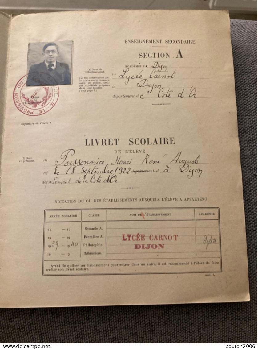 Livret Scolaire Philosophie Lycée Carnot DIJON Année Scolaire 1939 1940 - Diplome Und Schulzeugnisse