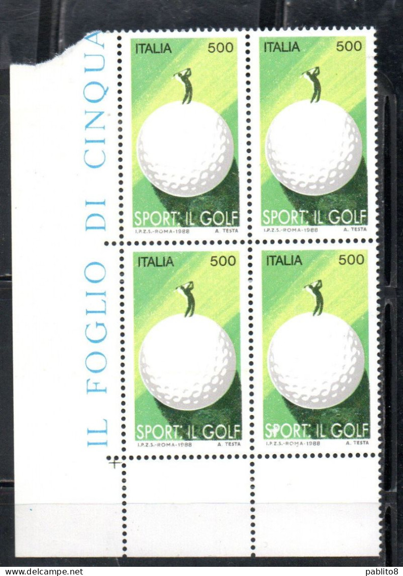 ITALIA REPUBBLICA ITALY REPUBLIC 1988 LO SPORT ITALIANO IL GOLF QUARTINA ANGOLO DI FOGLIO BLOCK MNH - 1981-90: Mint/hinged