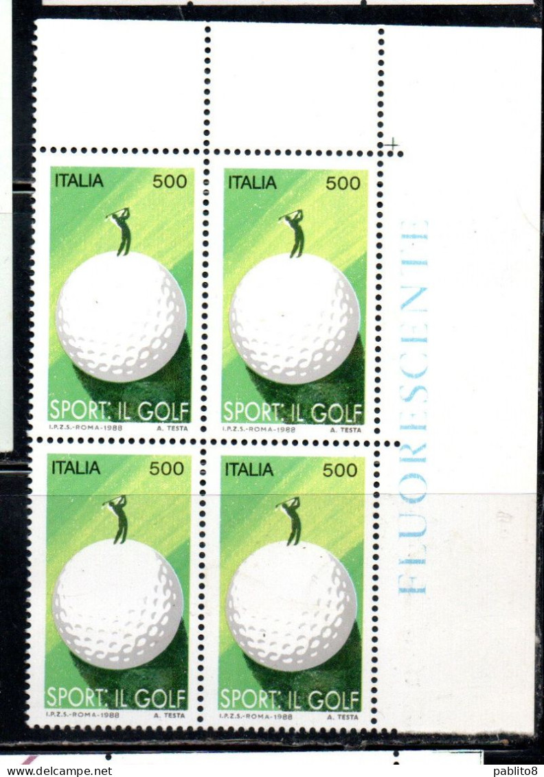 ITALIA REPUBBLICA ITALY REPUBLIC 1988 LO SPORT ITALIANO IL GOLF QUARTINA ANGOLO DI FOGLIO BLOCK MNH - 1981-90: Mint/hinged