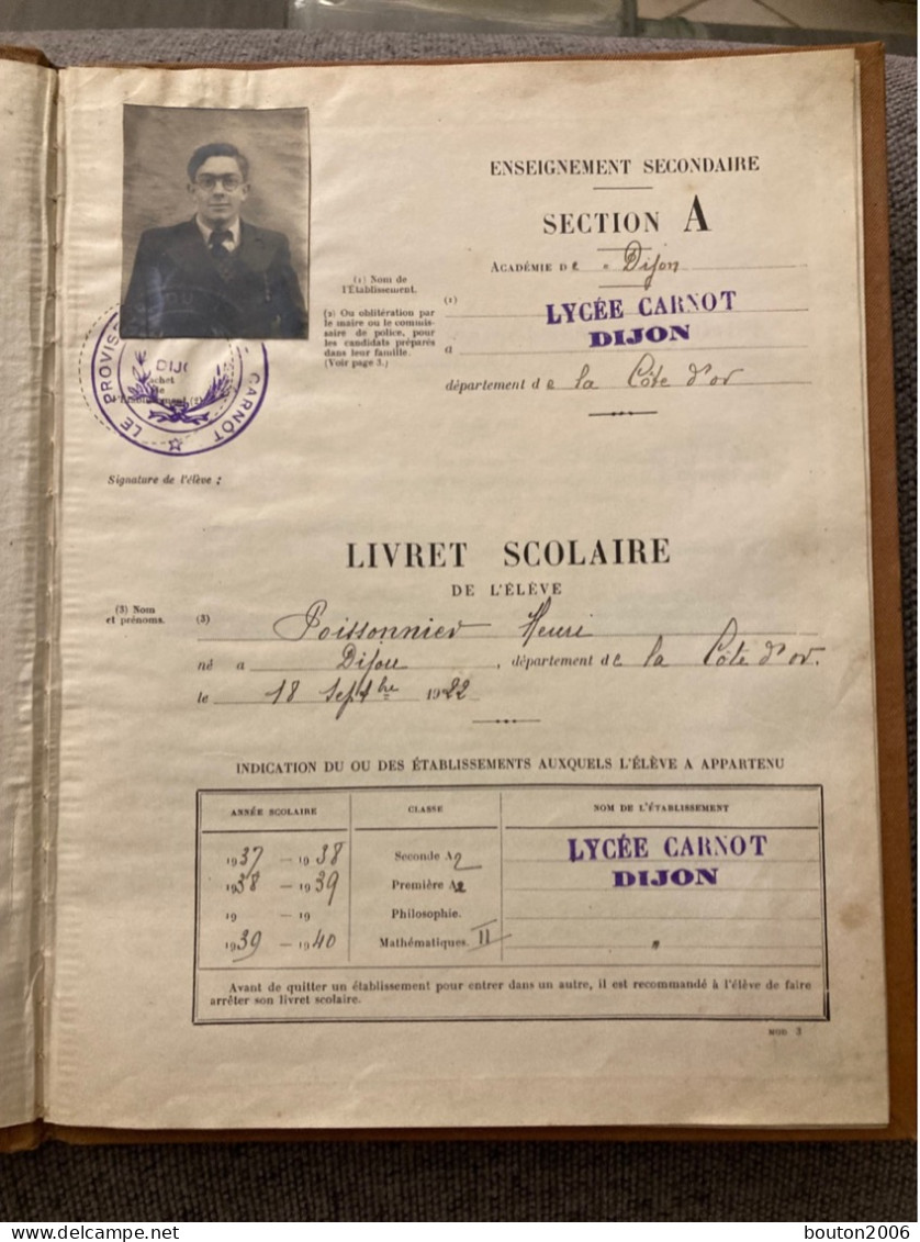 Livret Scolaire Math Lycée Carnot DIJON Année Scolaire 1937-1938 1938-1939 1939-1940 - Diplomas Y Calificaciones Escolares