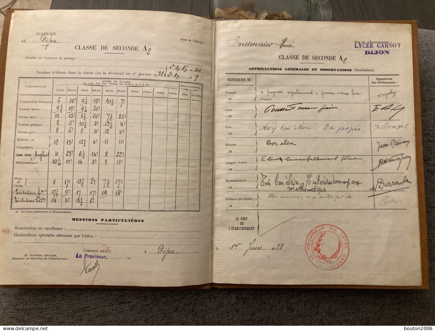 Livret Scolaire Math Lycée Carnot DIJON Année Scolaire 1937-1938 1938-1939 1939-1940 - Diploma & School Reports