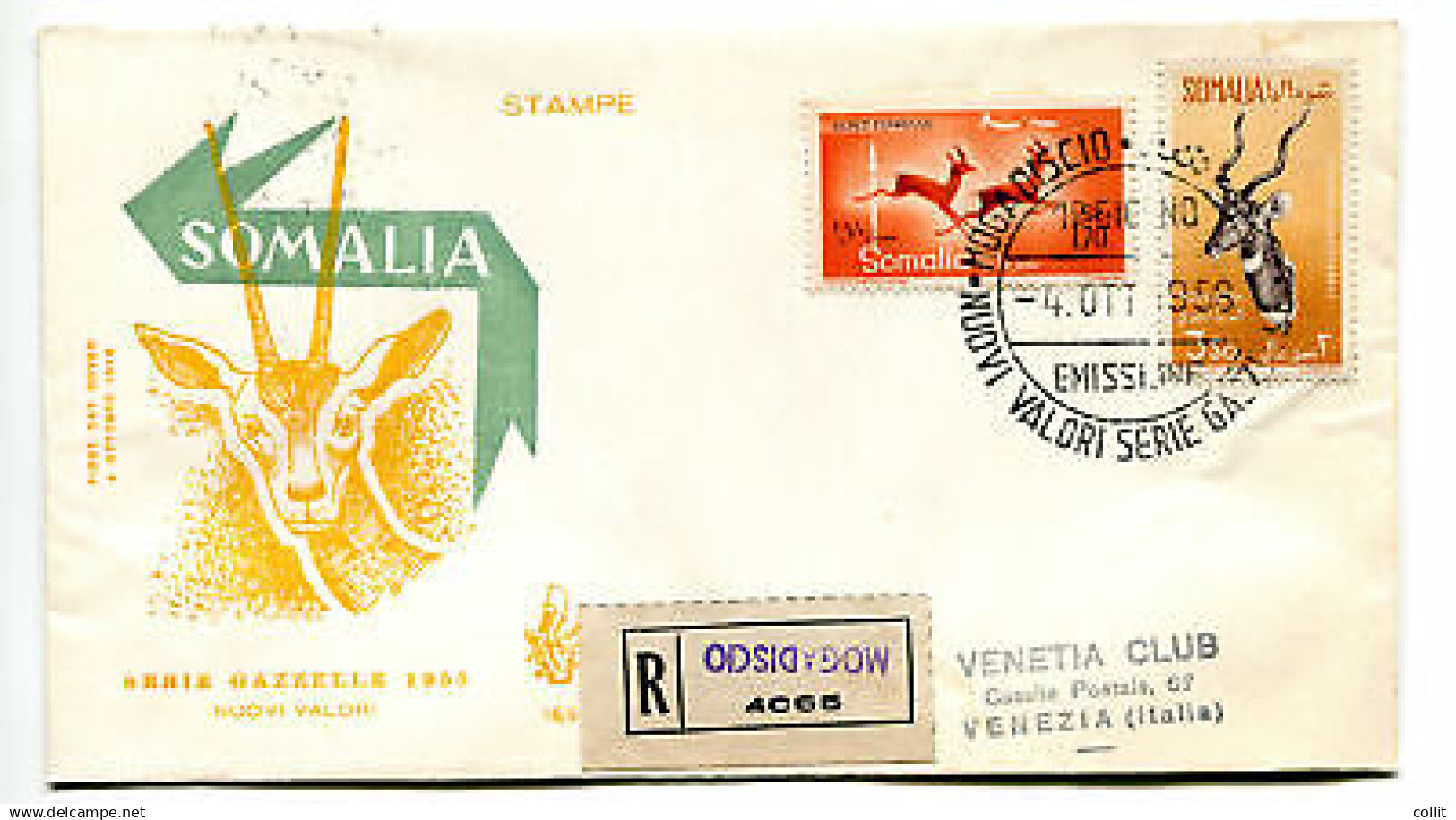 Somalia AFIS FDC Venetia 1958 Gazzelle  Viaggiata Racc. Per L'Italia - Somalie (AFIS)