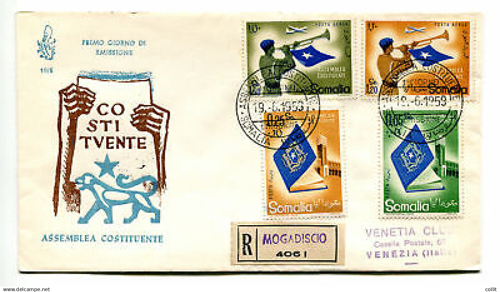 Somalia AFIS FDC Venetia 1959 Costituenete  Viaggiata Racc. Per L'Italia - Somalie (AFIS)