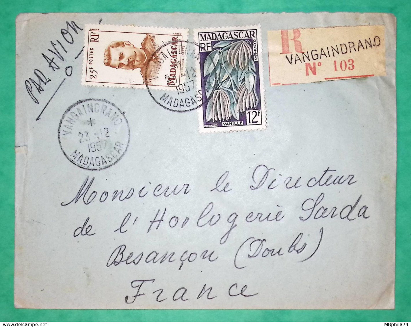 LETTRE PAR AVION RECOMMANDE MADAGASCAR VANGAINDRANO POUR SARDA HORLOGERIE BESANCON DOUBS 1957 COVER FRANCE - Luchtpost