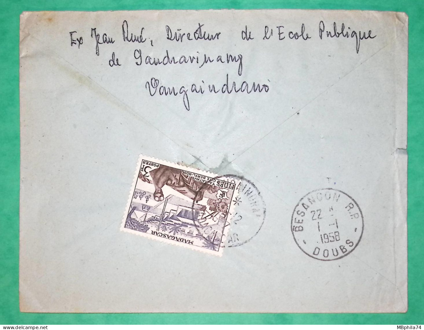 LETTRE PAR AVION RECOMMANDE MADAGASCAR VANGAINDRANO POUR SARDA HORLOGERIE BESANCON DOUBS 1957 COVER FRANCE - Luchtpost