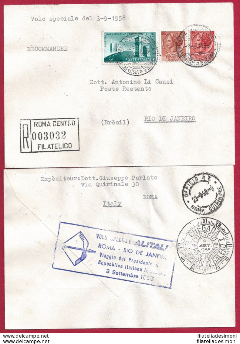 1958 REPUBBLICA,n. 837 Amicizia Italo-brasiliana Volo Speciale - Busta Cover - Volo Speciale - Europa