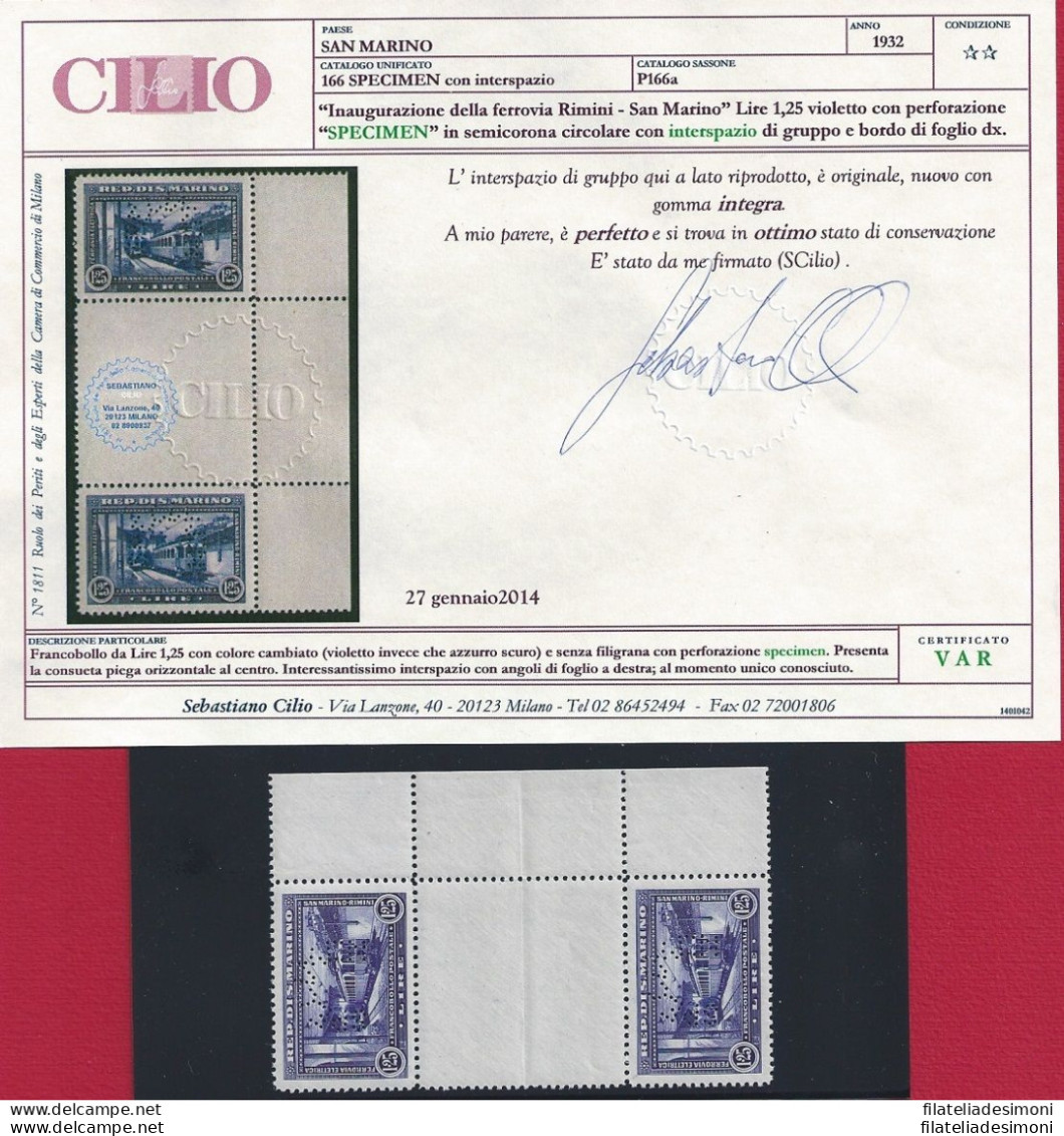 1932 SAN MARINO, P 166a Ferrovia Lire 1,25 Violetto INTERSPAZIO MNH/** SPECIMEN - Varietà & Curiosità