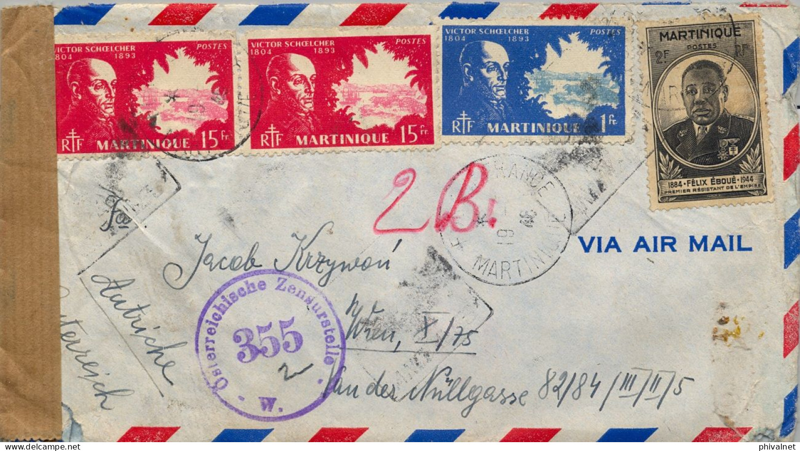 1946 MARTINIQUE , FORT DE FRANCE / WIEN , CORREO AÉREO , CENSURA ESTAMPADA EN AUSTRIA , SOBRE CIRCULADO - Brieven En Documenten
