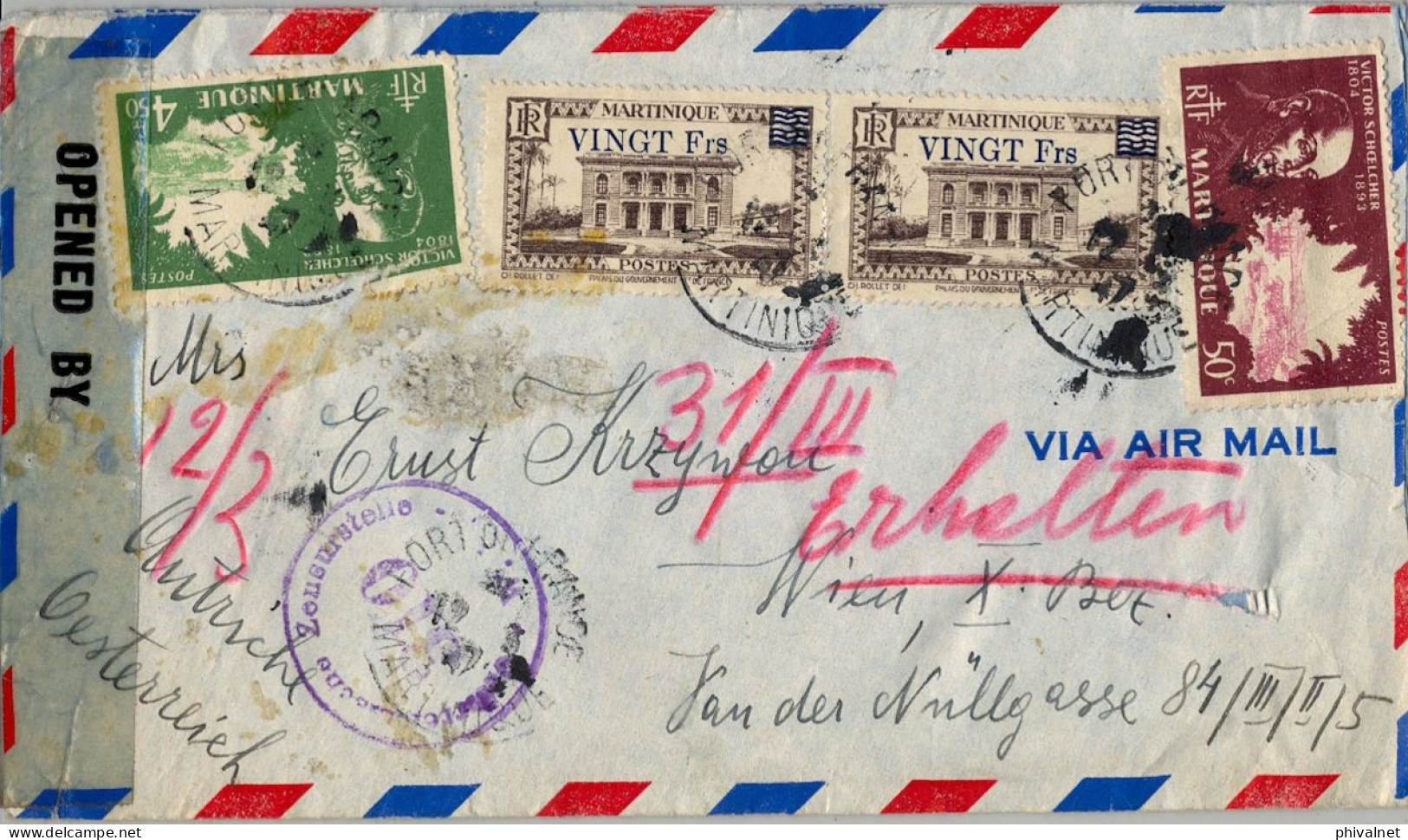 1947 MARTINIQUE , FORT DE FRANCE / WIEN , CORREO AÉREO , CENSURA ESTAMPADA EN AUSTRIA , SOBRE CIRCULADO - Storia Postale