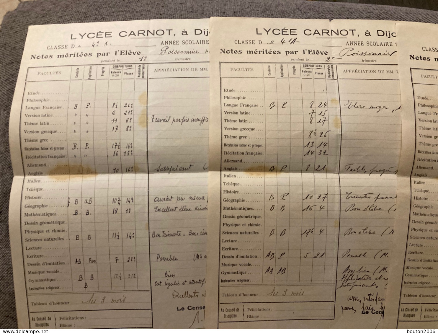 3x Relevé Des Notes Lycée CARNOT DIJON Année Scolaire 1935- 1936 - Diplômes & Bulletins Scolaires