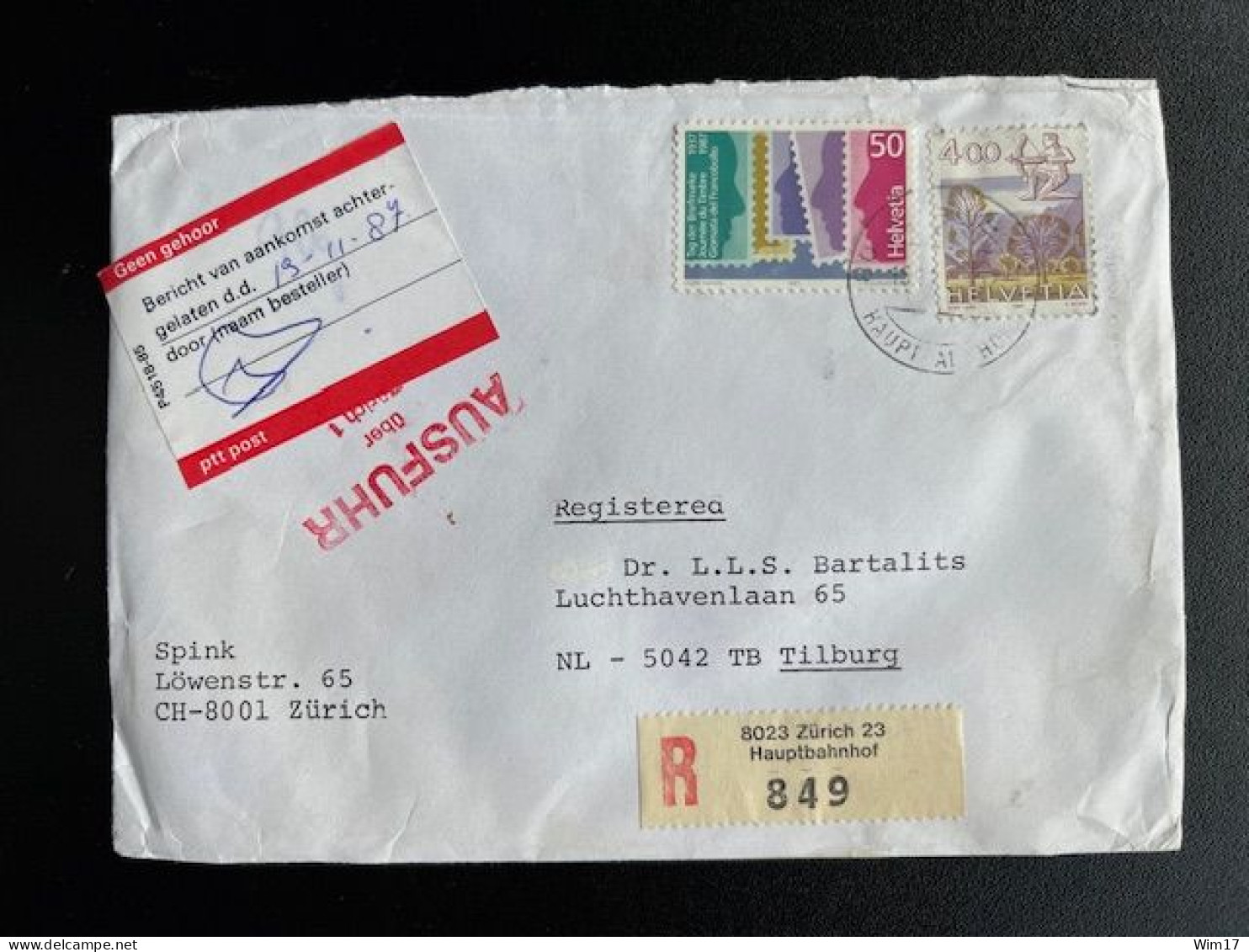 SWITZERLAND 1987 REGISTERED LETTER ZURICH TO TILBURG 16-11-1987 ZWITSERLAND SUISSE SCHWEIZ - Brieven En Documenten