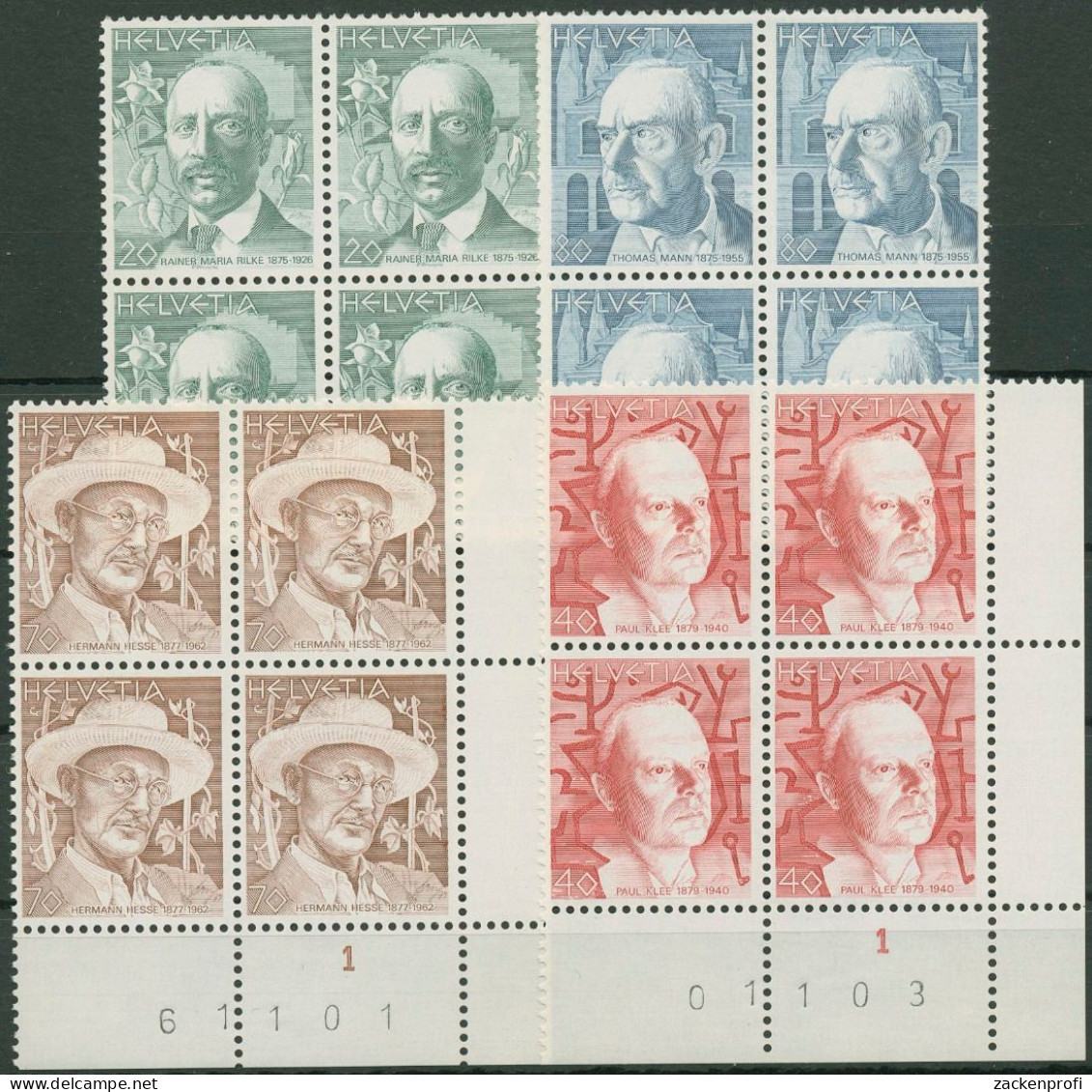 Schweiz 1979 Persönlichkeiten Schriftsteller 1146/49 4er-Block Postfrisch - Unused Stamps