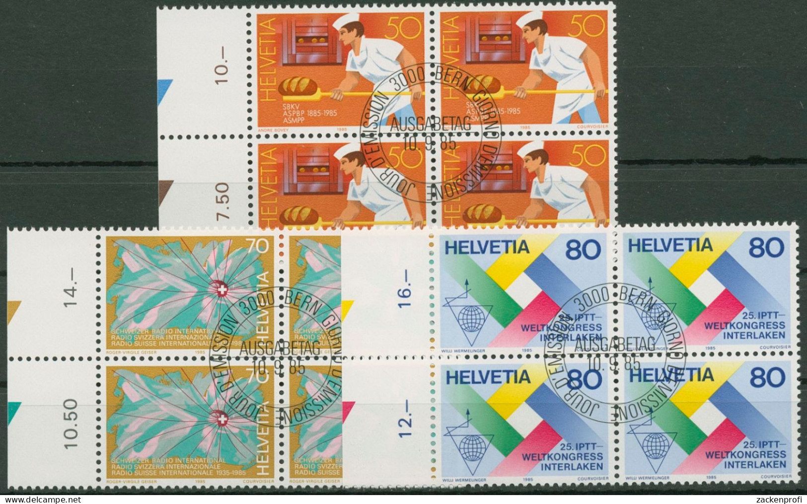 Schweiz 1985 Ereignisse Bäckerei Radio Postkongress 1301/03 4er-Block Gestempelt - Used Stamps