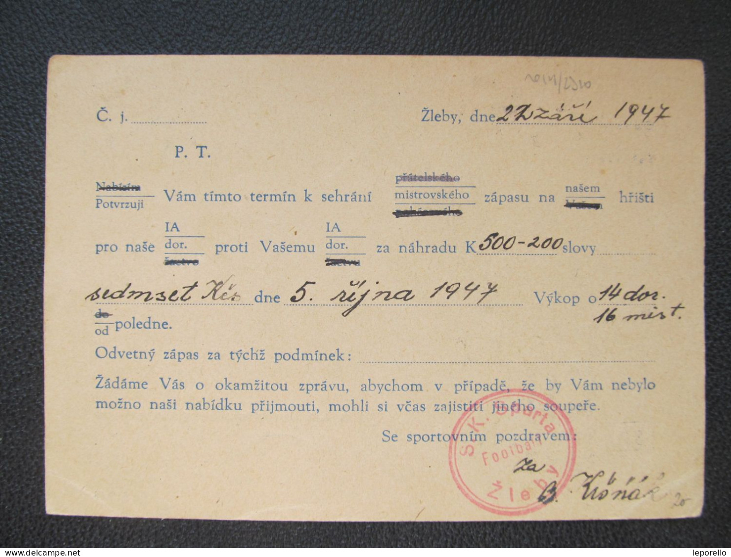 BRIEF Žleby - Malín 1947 Vylámané Raz., Fotbal SK Sparta Fussball Football /// P4320 - Lettres & Documents