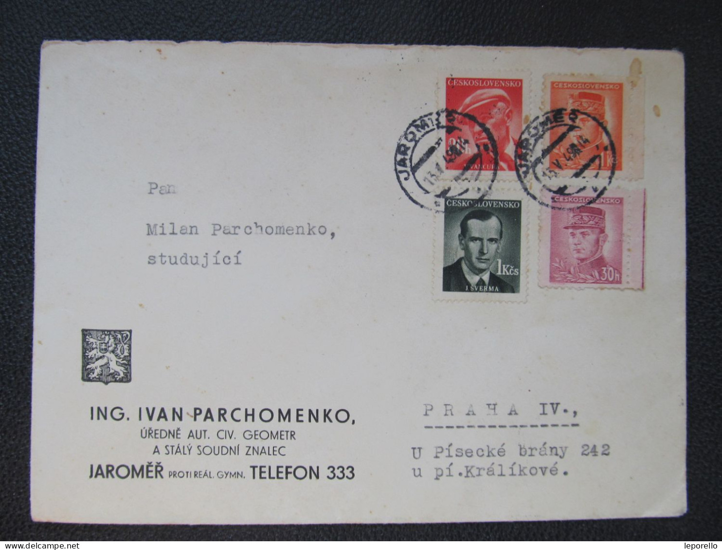 BRIEF Jaroměř - Praha Ing.I.Parchomenko Geometr  /// P4300 - Lettres & Documents