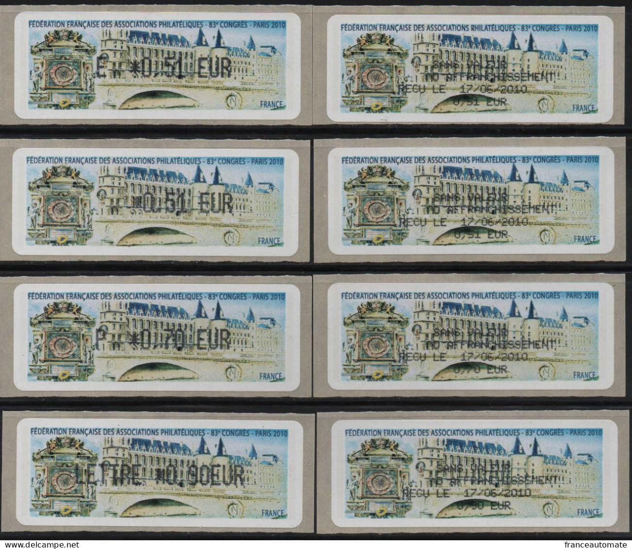 8 Atms, Lisa1, Tarifs, Au Choix, 0.51€, Ecopli E 0.51€, U.Eur P 0.70€, Prioritaire, LETTRE 0.90€, 83ème Congrès FFAP - 2010-... Illustrated Franking Labels