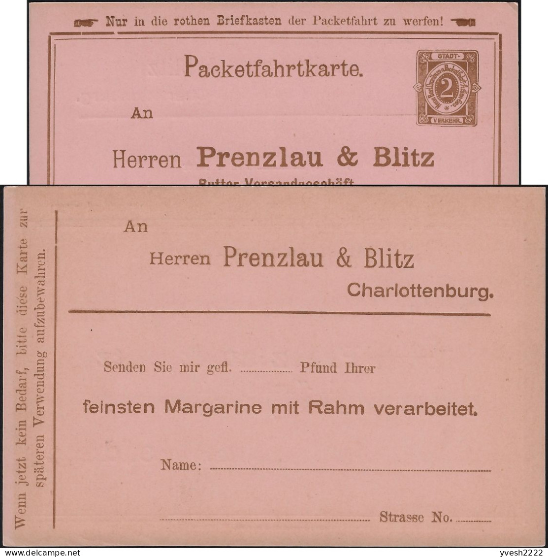 Berlin 1889. Entier Postal Timbré Sur Commande. Poste Privée. Société D'envoi De Beurre. Commande De Margarine ! - Vaches