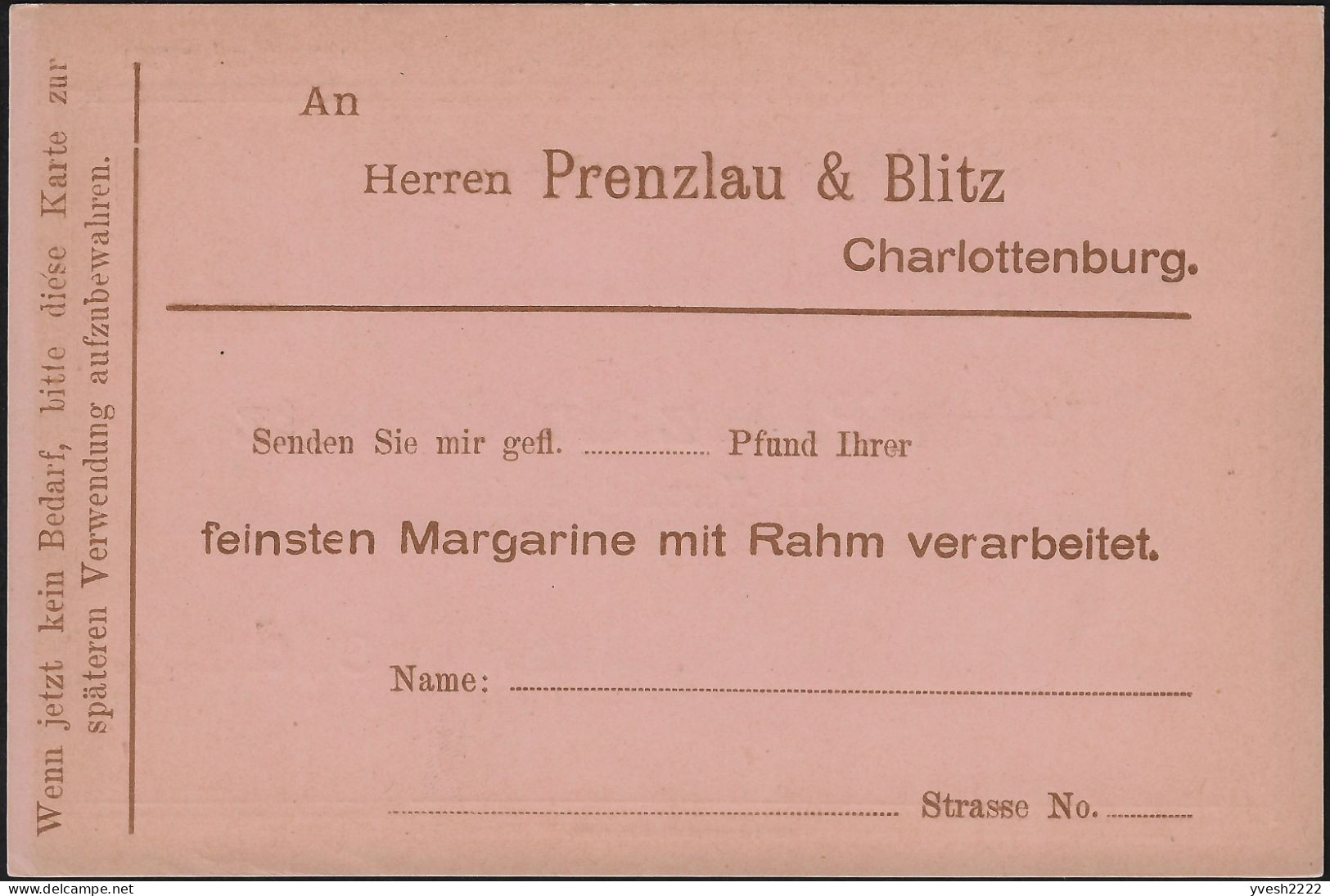 Berlin 1889. Entier Postal Timbré Sur Commande. Poste Privée. Société D'envoi De Beurre. Commande De Margarine ! - Vaches