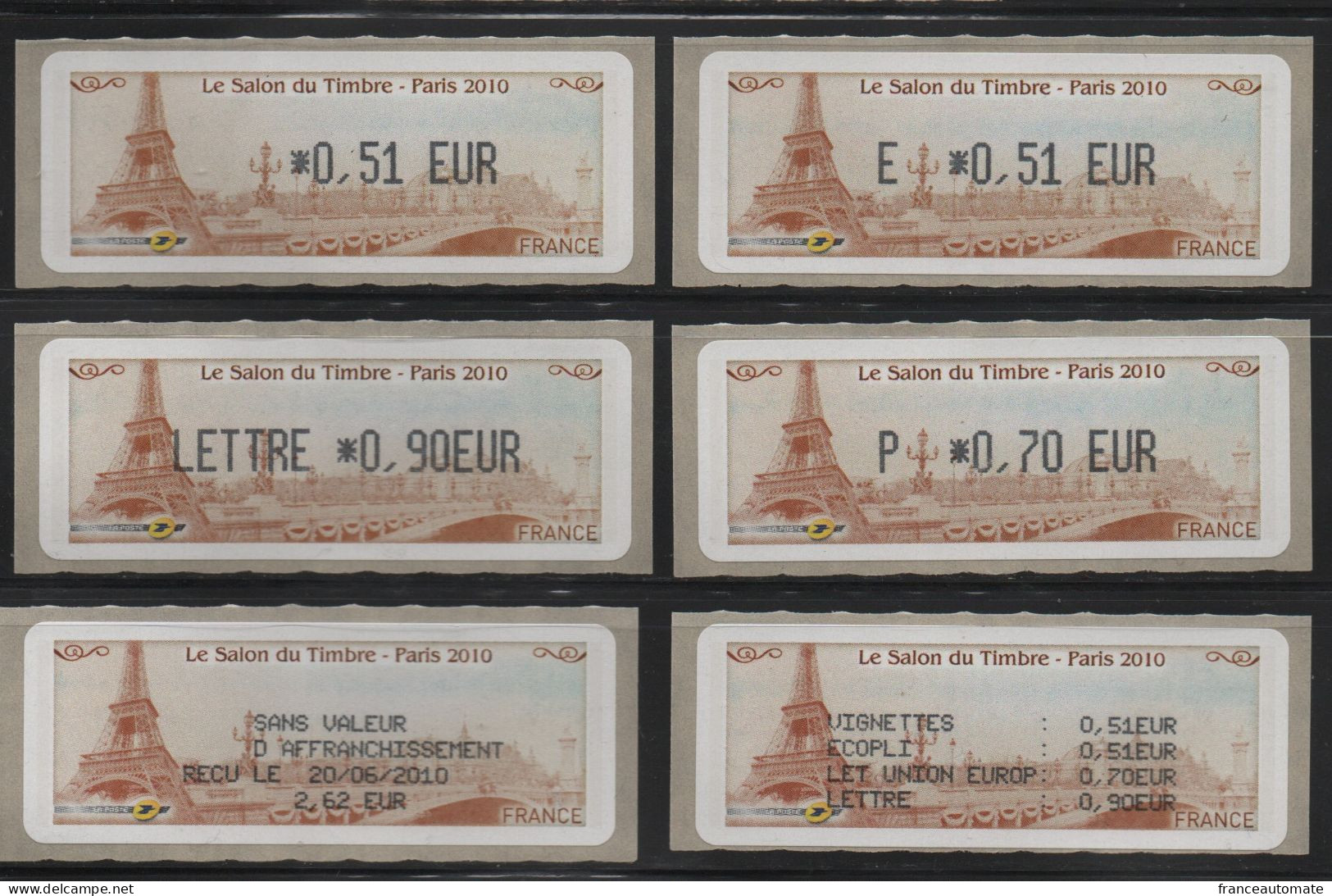 6 Atms, Lisa1, Ecopli  E 0.51€, 0.56€, Union Eur P 0.70€, LETTRE 0.85€, Salon Du Timbre 2010, TOUR EIFFEL - 2010-... Vignettes Illustrées